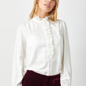 MYSTREE White Lace Trim Blouse, Victorian-Inspired High Neck Top, Long Sleeve